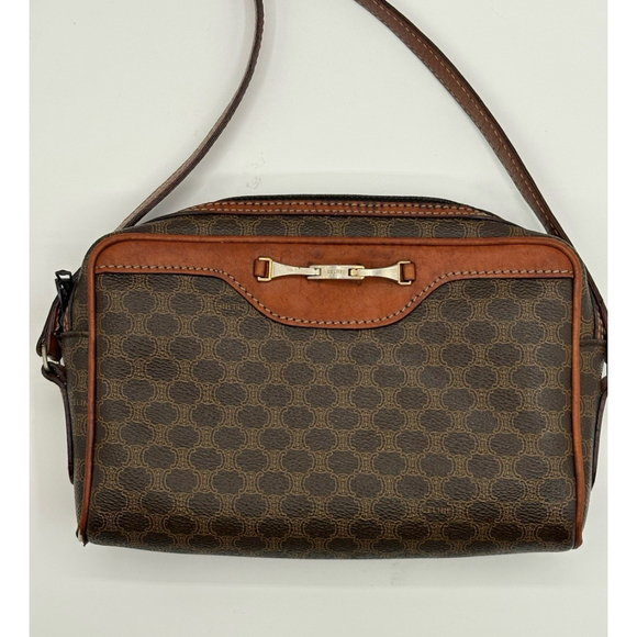 CELINE Handbags - Vintage CELINE Macadam Crossbody Bag Brown Tan Leather Trim Made in Italy